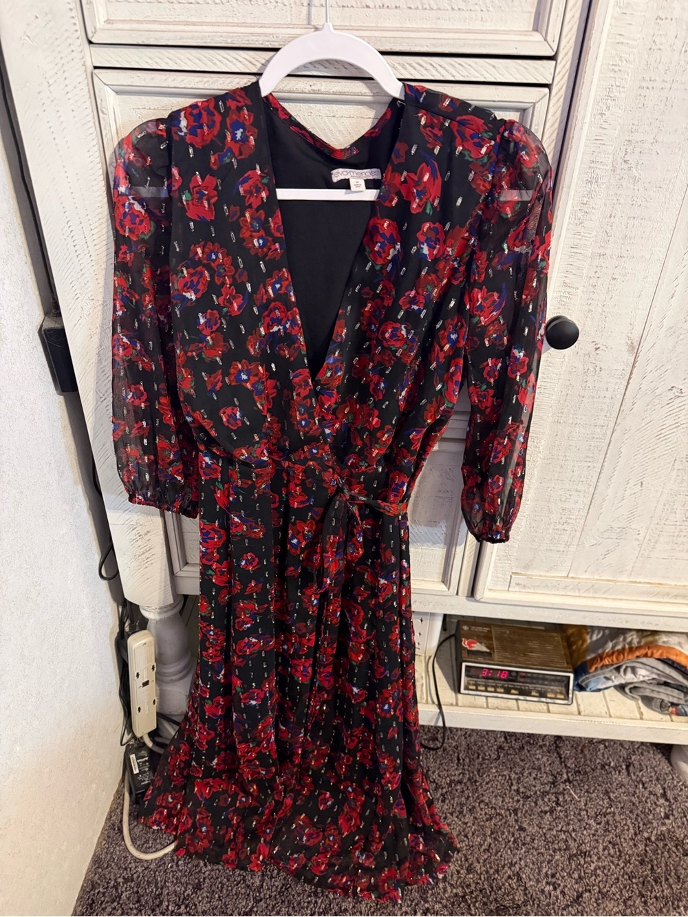 eva mendes for New York & Company Black Wrap Dress with Red Floral Print